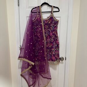 Womens Indian Pakistani Suit Sharara Palazzo Purple Floral Design Size 42 New